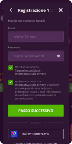 finestra di registrazione del primo passo Malina casino 